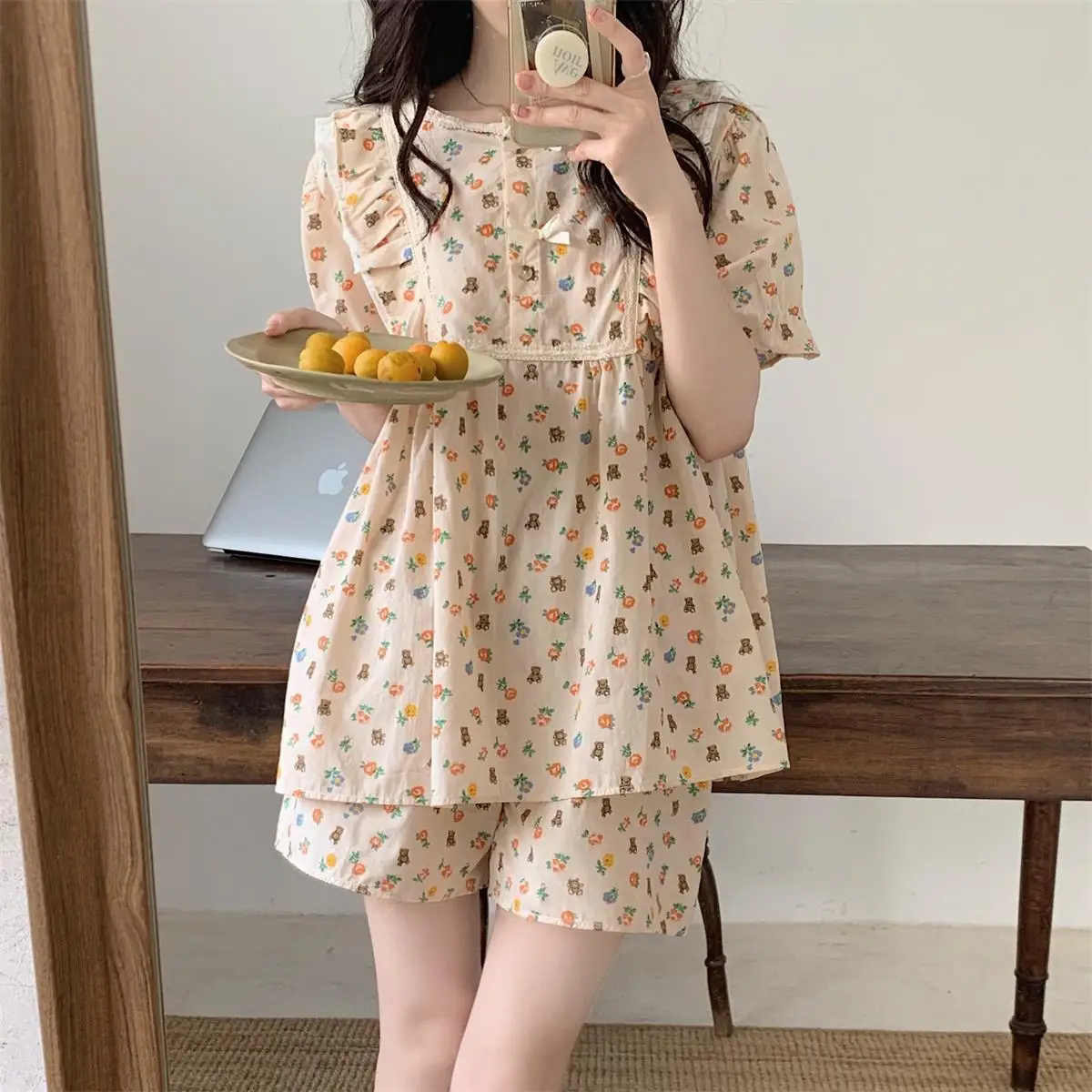 Cartoon Bear Floral Print Summer Pajamas Set Women O-Neck Short Sleeve Cotton Shirts + Shorts Sleepwear Sweet Korean Home Suit ljsxls summer sweet floral chiffon blouse women temperament print short sleeve shirts womens green vintage ladies pullover shirt