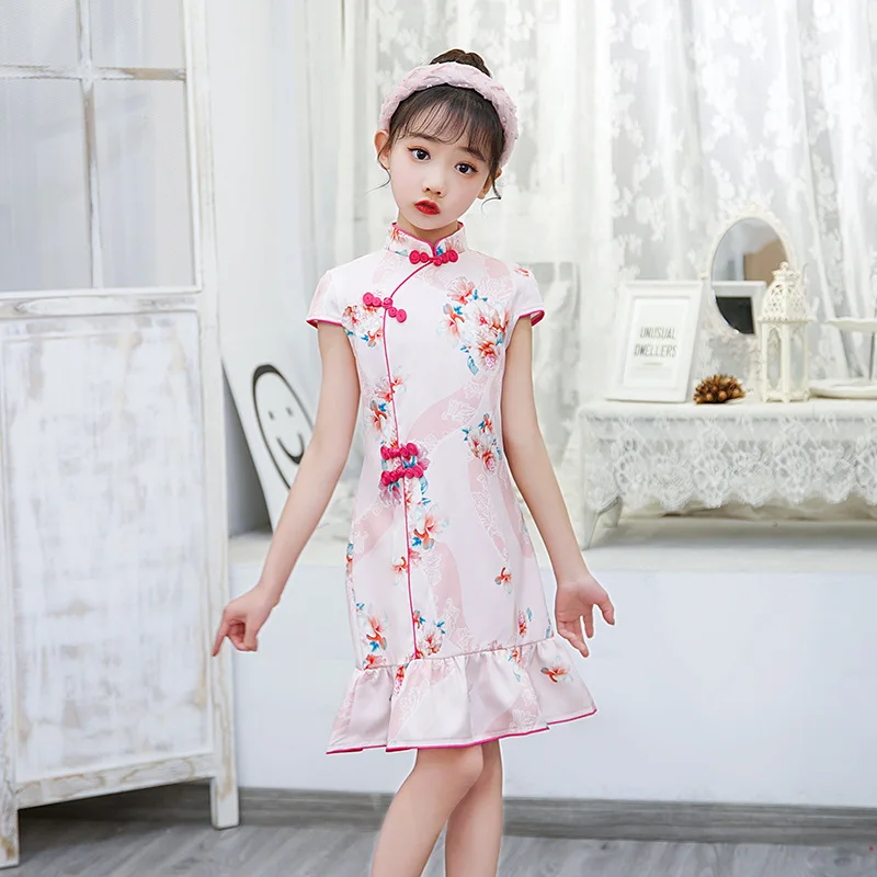 

Детский китайский традиционный костюм Ципао из хлопка, с коротким рукавом и принтом