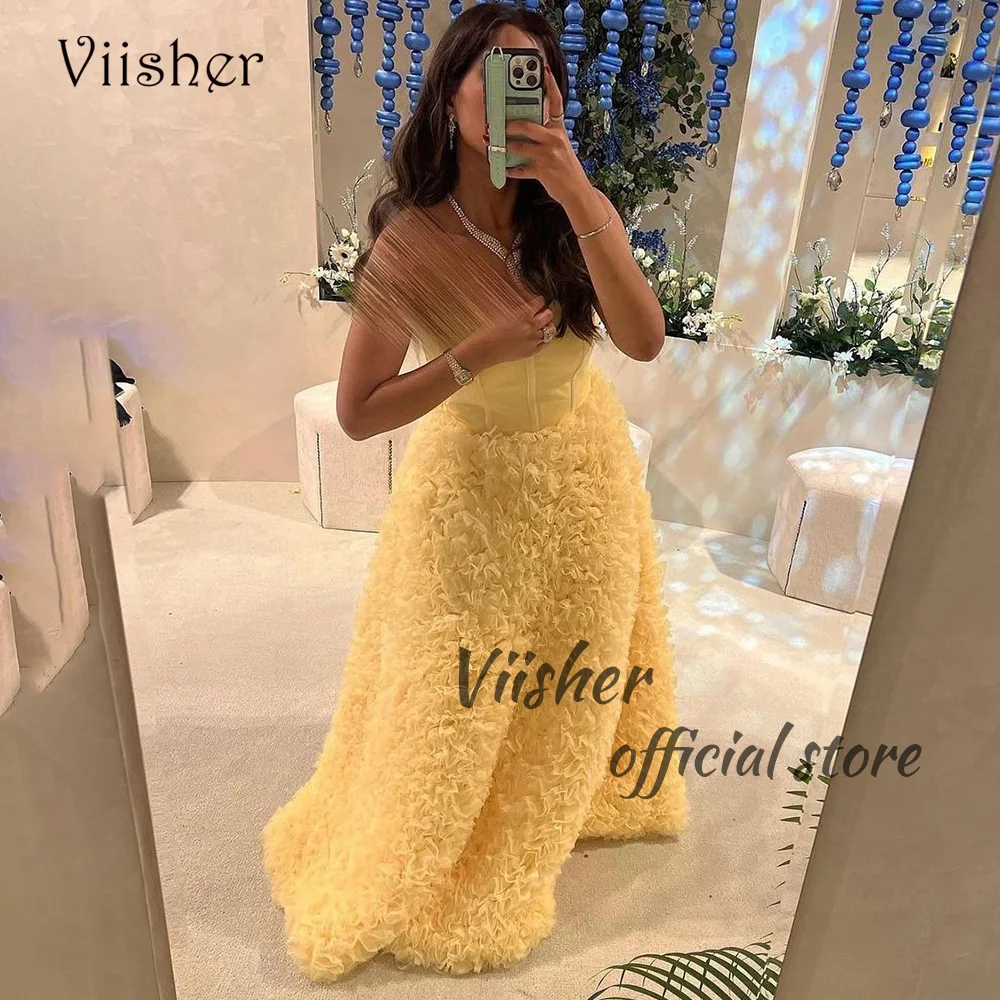 

Viisher Yellow Tulle A Line Prom Party Dresses Sweetheart Long Saudi Arabic Evening Dress Floor Length Dubai Formal Prom Gowns