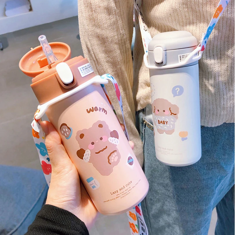 1pc 380ML Cute Cartoon 304 Stainless Steel Thermal Thermos Vacuum Flask With Straw for Girls Insulated Tumbler Drinkware