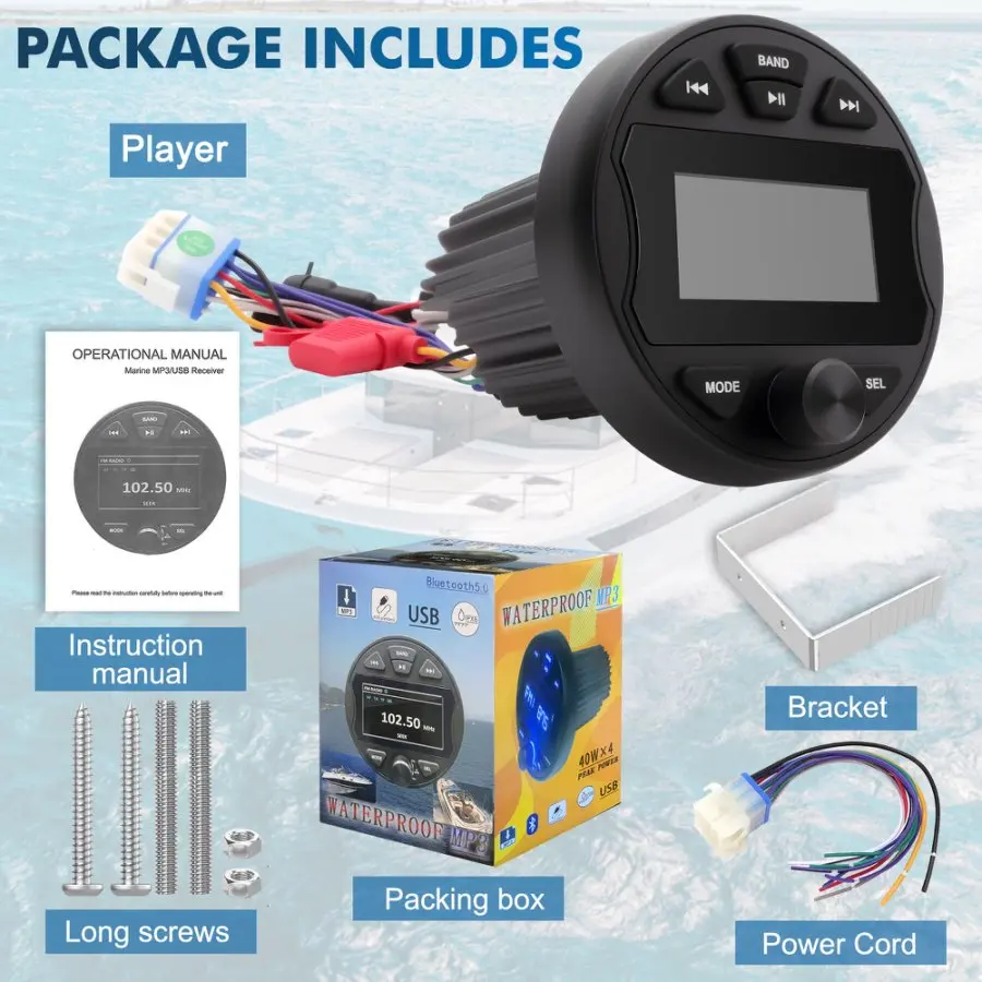Boat Radio MP3 Media Player Stereo Marine Radio Cover Bluetooth AUX USB Waterproof Widely for ATV UTV SPA RZR FM AM
