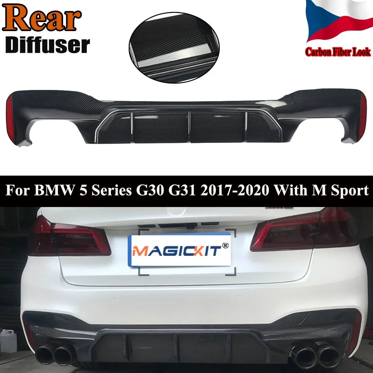 MagicKit Carbon Fiber Look Rear Diffuser For 17-19 BMW G30 W/ M Sport Bumper-M5 Style