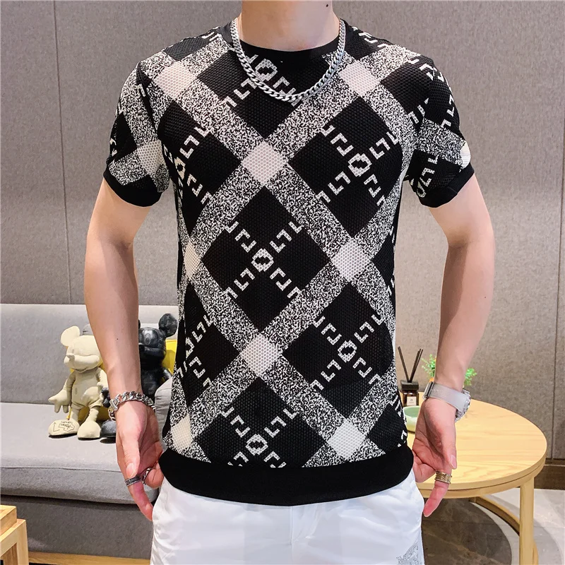 

Brand Summer Short Sleeve T-shirt Men O-neck Black Print Shirts Ice Silk Breathable ops ees Stretch Streetwear Clothes