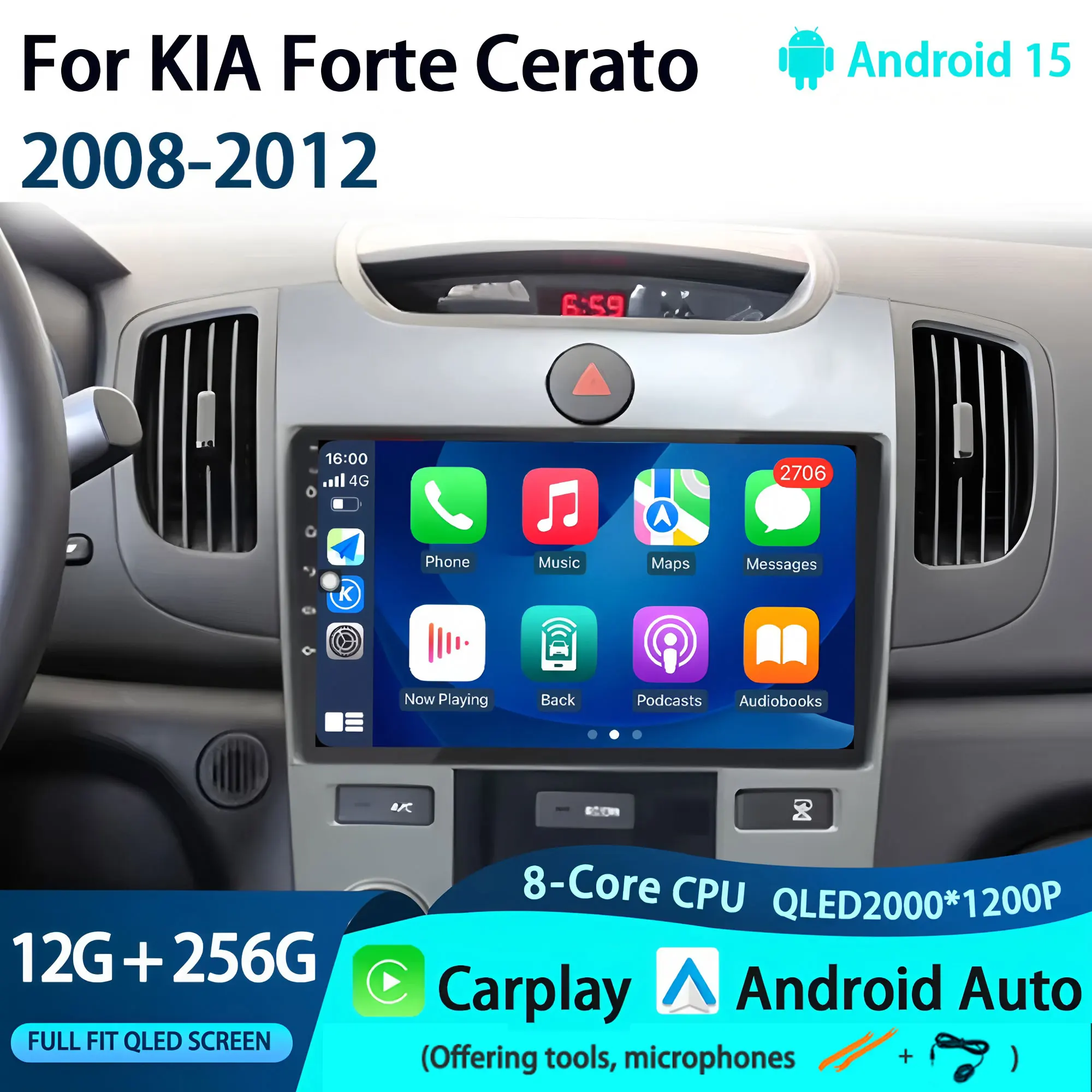 Android 15 para KIA Forte Cerato 2008-2012 2K 12 + 256 QLED CarPlay Radio de coche reproductor de vídeo Multimedia GPS estéreo cabeza 4G 1
