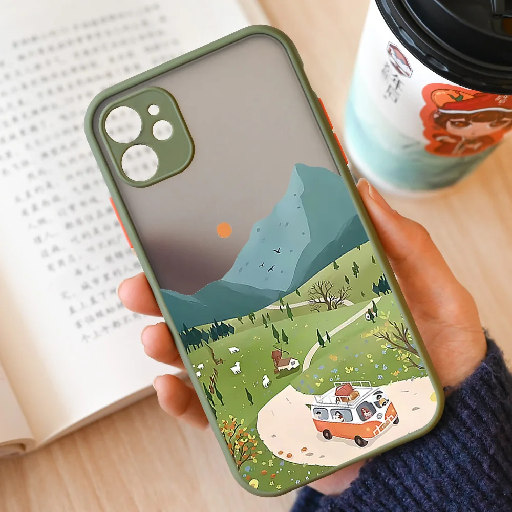 Vibrant Cartoon Scenery Matte Phone Case - Durable Hard Shell Cover