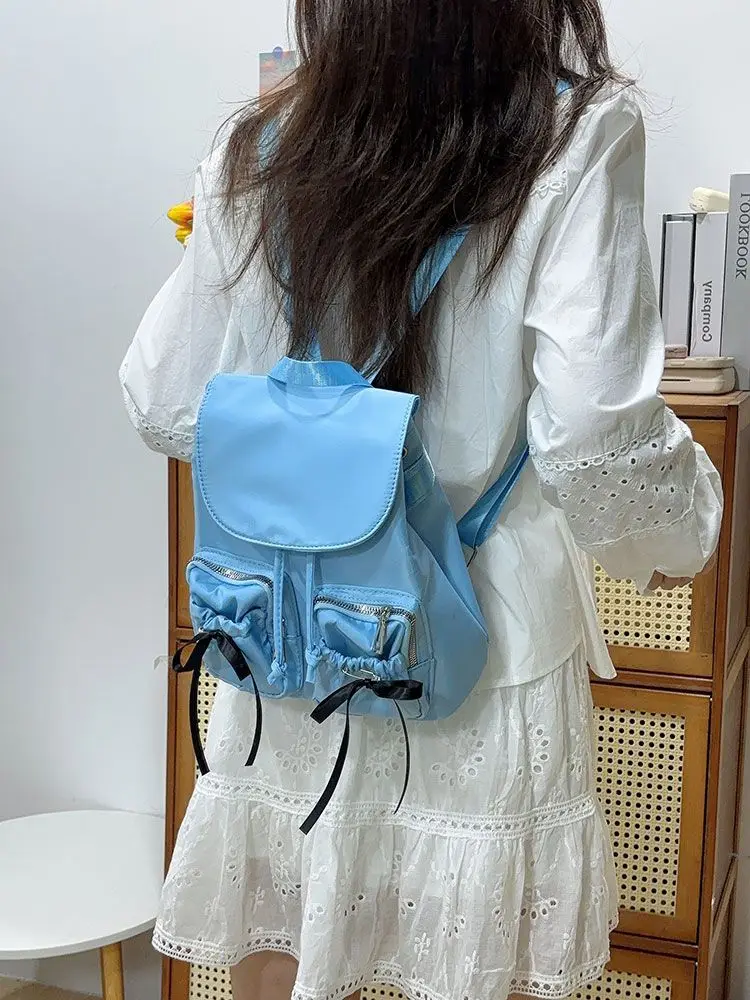 Pocket Bow 2024 Preppy Style Nylon Drawstring Fashion Trendy Handbag Backpack Casual Versatile Backpack Y2k Schoolbag
