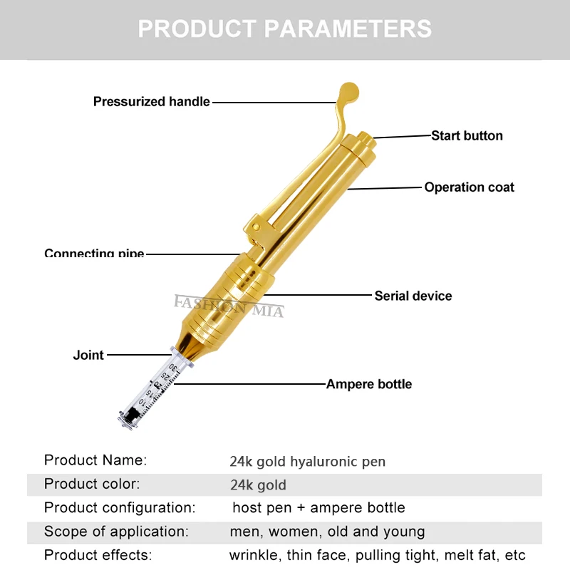 24K Gold 0.3ml Hyaluronic Pen with High Pressure for Hyaluronic Acid Mesotherapy Gun Beauty Tool 0.3ml Ampoule Head Adapter