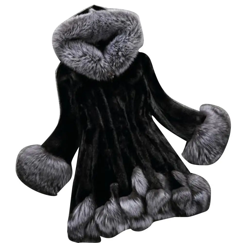 Plus Size Winter Coat Jacket Women Faux Fur Plush Long Sleeve Hooded Button Overcoat Outwear |