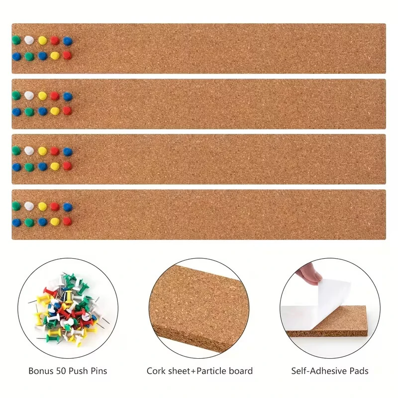 2/4pcs Self-Adhesive Cork Board Strips Wall Organizer Bulletin Strips Board Message Board Photos Display Home Office Decor