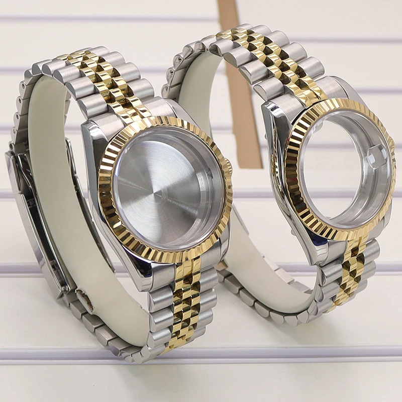 Elegant Gold and Silver Fluted Watch Case with Sapphire Glass