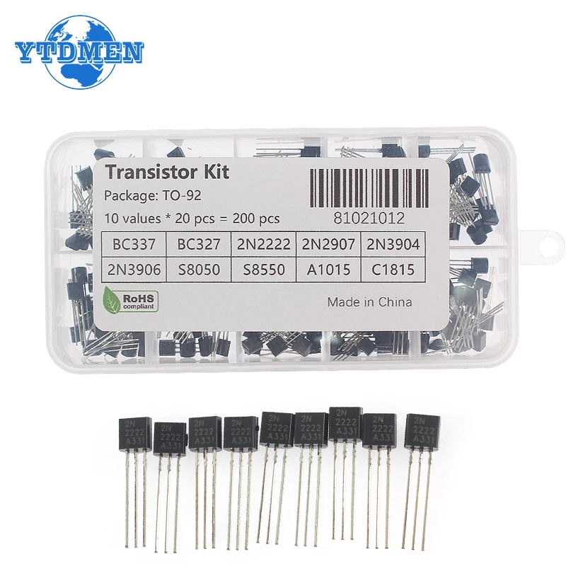 Tegg 200pcs TO-92 Transistor Assorted Kit 10 Values DIY Electronic