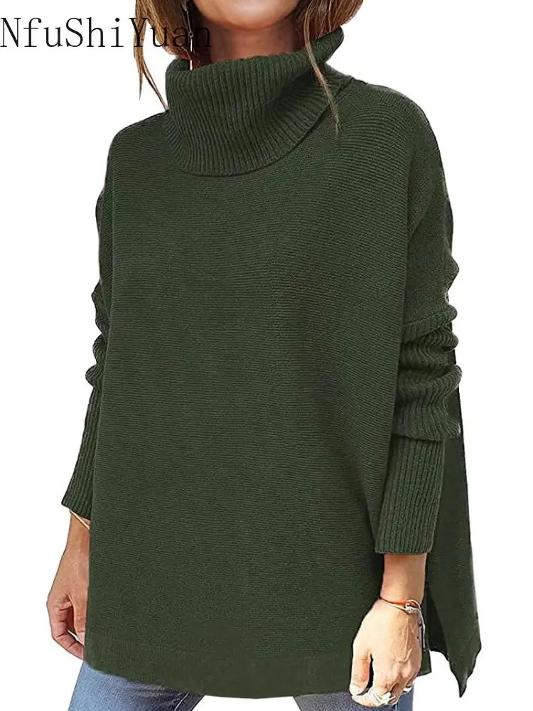 

Женский свитер оверсайз с высоким воротником, пуловер средней длины с рукавом летучая мышь и разрезом, свитер большого размера, топы, Новинка осени-зимы 2022