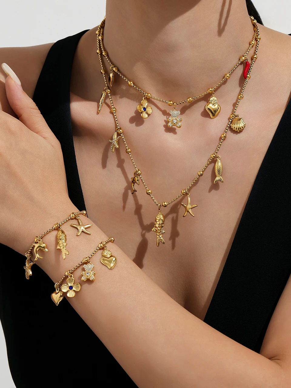 Edelstahl-Kettenhalskette, passendes Armband für Frauen, 18 Karat vergoldet, süße Charms-Halsketten, Armbänder, Schmuckset für Damen – Detail 19