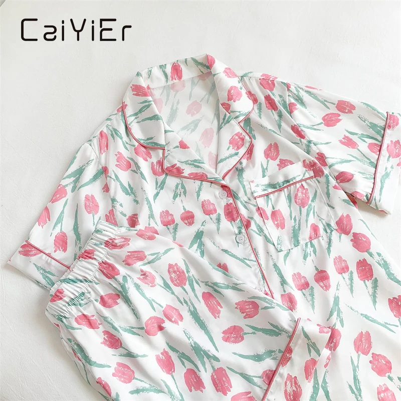 

CAIYIER New 2022 Tulip Floral Korean Women Nightwear Sweet Summer Girls Short Sleeve Tops + Shorts Sleepwear Pyjamas Elegant 2XL