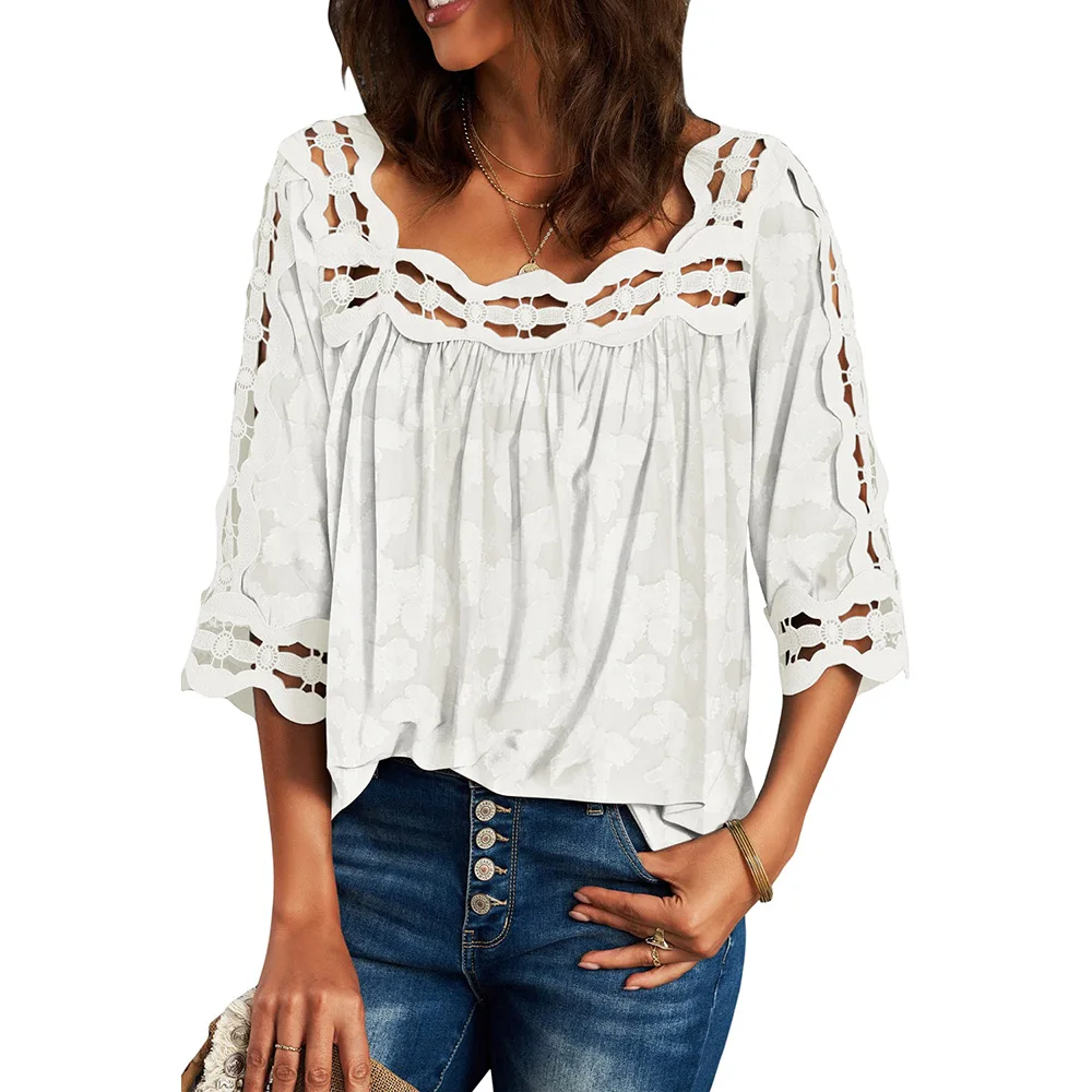 

Lace Square Neck Pullover Top Women's 3/4 Sleeve Design Sense T-shirt 25114850
