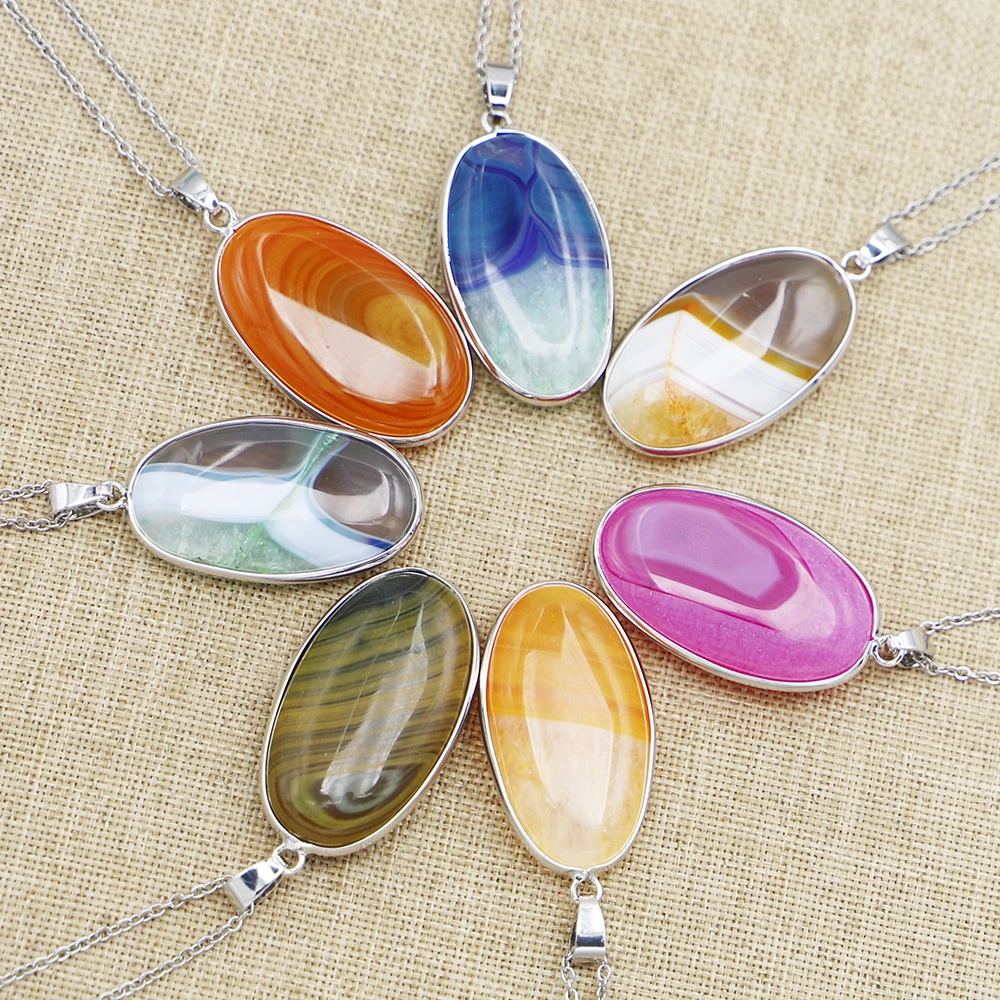 New Natural Mixed Color Agates Necklace Onyx Oval Pendants Stone Reiki Charms Jewelry Making Earrings Accessories Wholesale 6Pcs
