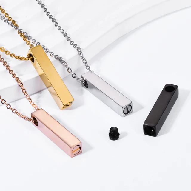 Urne de crémation à barre cubique verticale, texte personnalisé en acier inoxydable, géométrie, pour souvenir de cendres commémoratives, bijoux, collier pendentif 2