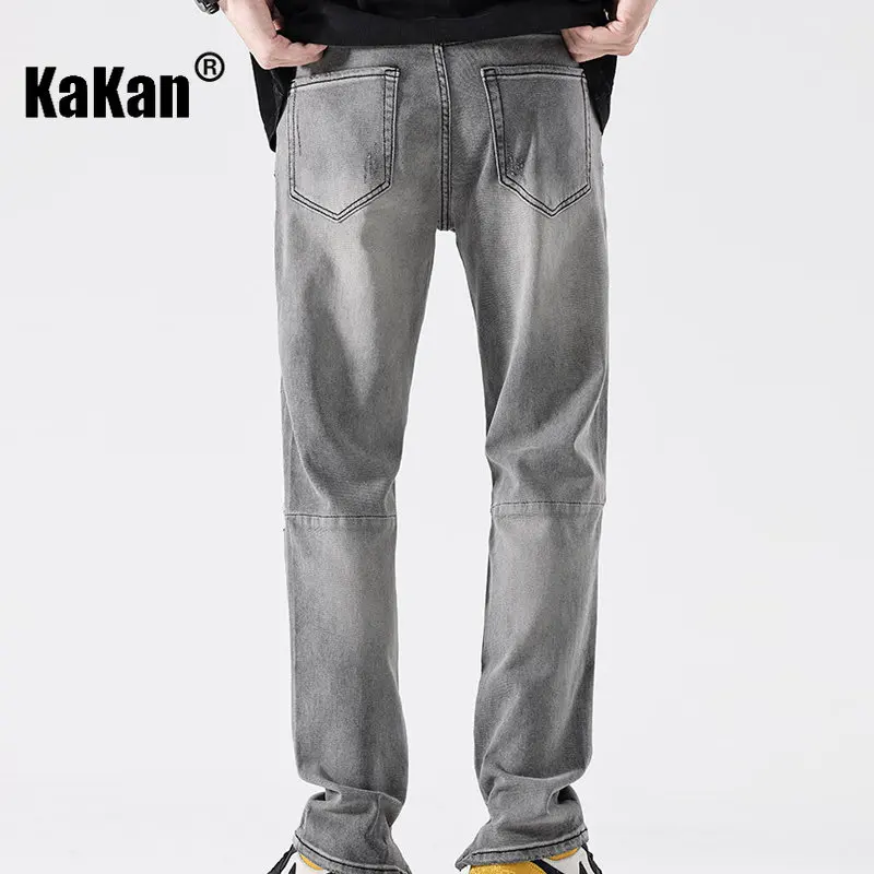 Kakan - New High Street Washed Hole Zippered Jeans for Men, Black Grey Slim Fit Long Jeans K24-JX5578