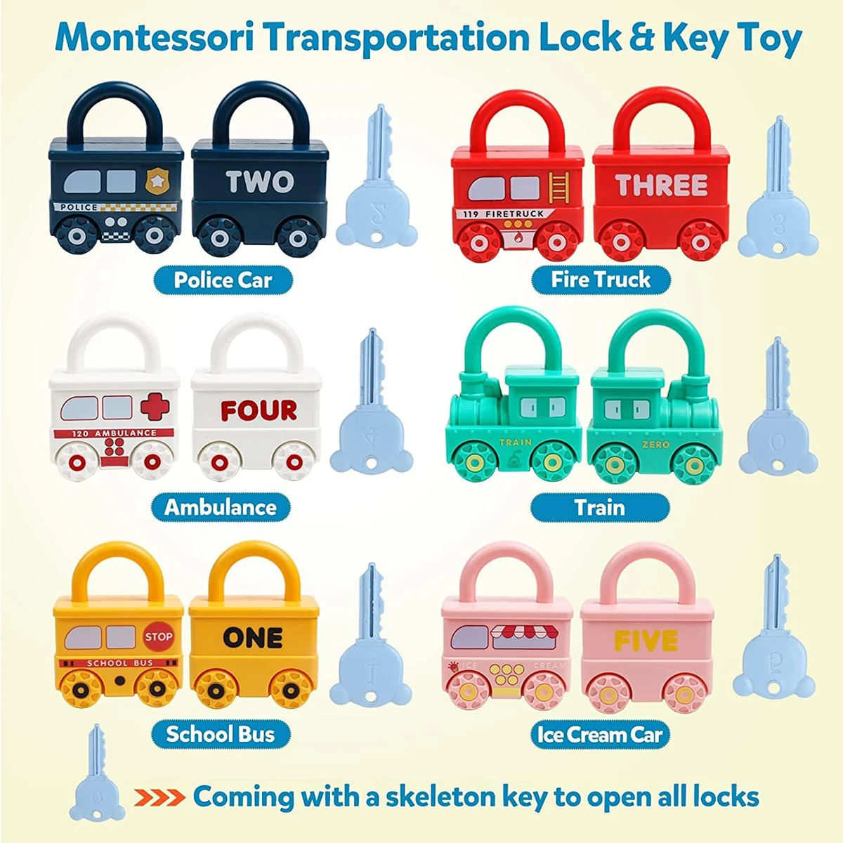 3Pcs Early Learning Lock Unlock Car Train Toy with Keys Kids Montessori Math Motor Skill Educational Toys Birthday Xmas Gift