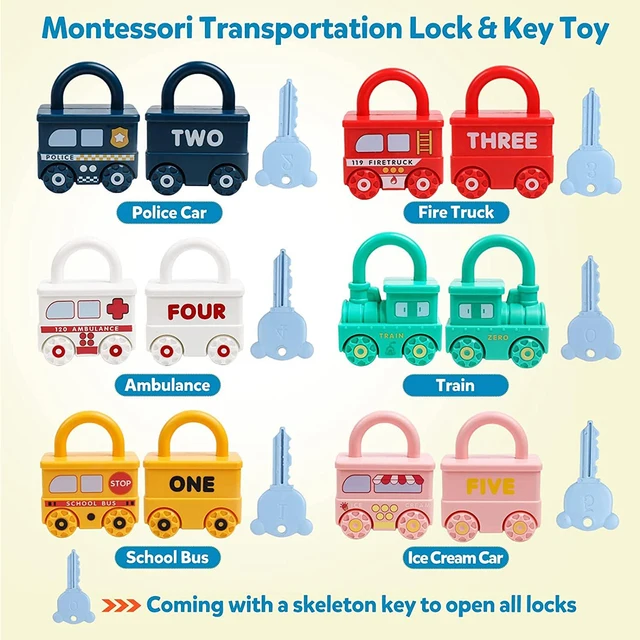 3Pcs Early Learning Lock Unlock Car Train Toy with Keys, Kids Montessori Math Motor Skill Educational Toys, Birthday Xmas Gift 2