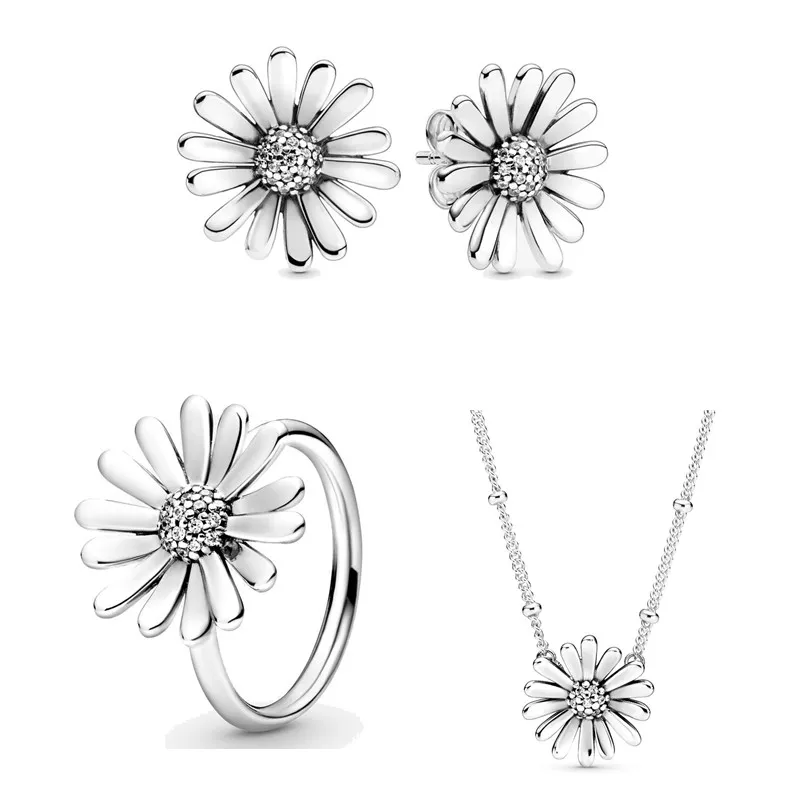 

Original 925 Sterling Silver Pave Daisy Flower Statement Necklace Earring Ring With Crystal For Women Gift Fashion Jewelry