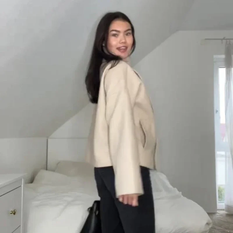 2025 frauen Neue Solide Stehen Neck Mantel Chic Zweireiher Tasche Lose Fit Mantel Weibliche Herbst Winter Casual Straße Tragen – Detail 6