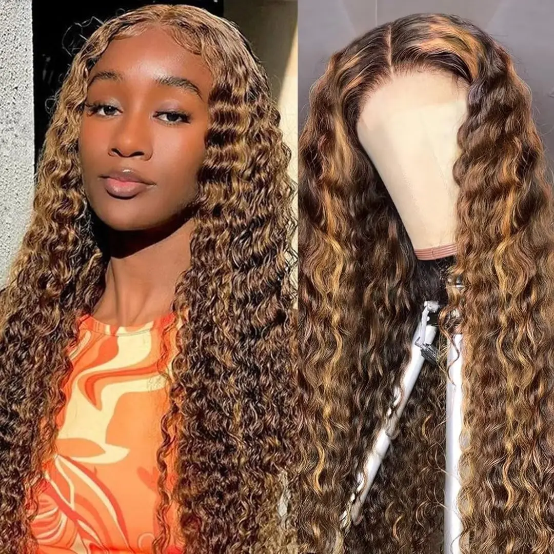 Highlight 13x4 Lace Front Wig Deep Wave 13x4 Lace Frontal Wig Remy Human Hair P4/27 Honey Blonde Pre Plucked For Women