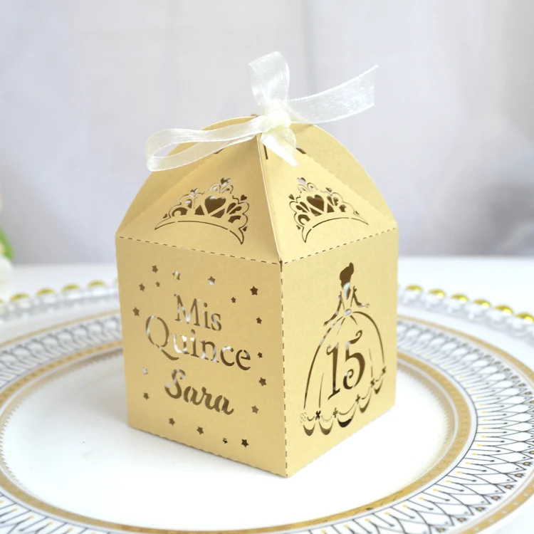 Quinceanera Theme Custom Sweet 15 Year Old Birthday Party Laser Cut Favor Gift Box with Organza Ribbon