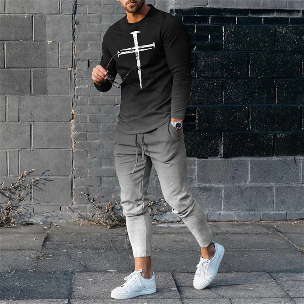 Autumn Casual Fashion 3D Print Men's Sportswear Set Long-Sleeved T Shirt Pants 2-Piece Set Oversized Pullover Men Clothing 3