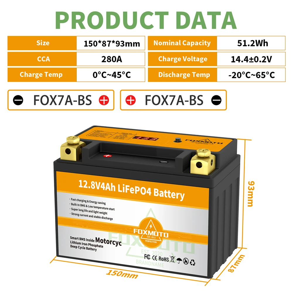 Fox7A-Bs 12.8V 51.2Wh Cca 280A Bms Moto Start Batteria 12.8V Litio Ferro Fosfato Scooter Lifepo4 Batterie Ytx7A-Bs