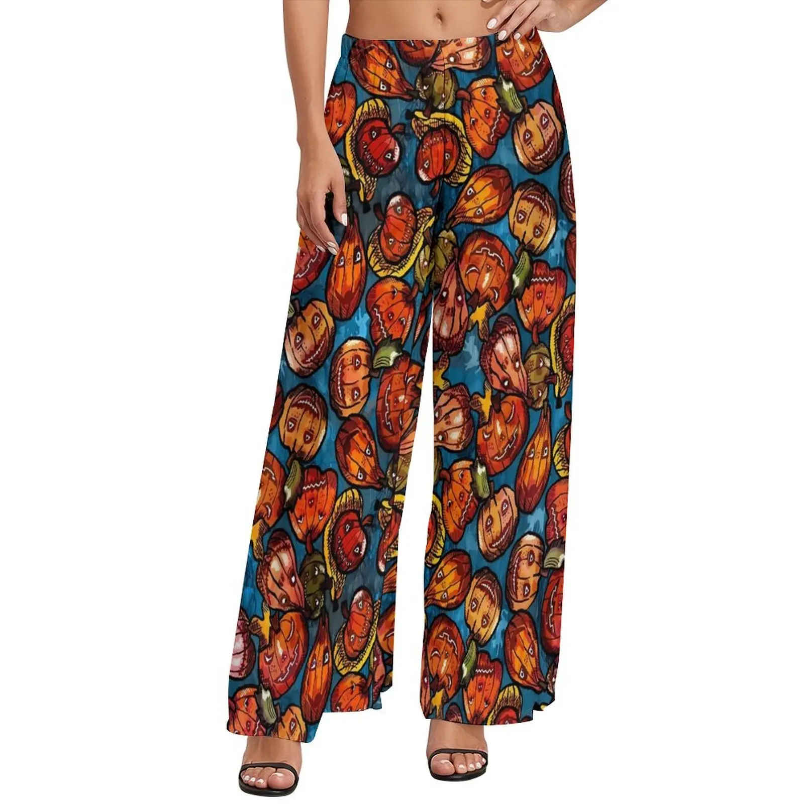 Pumpkins-And-Ghost-Pants-Halloween-Print-Classic-Wide-Pants-Female ...