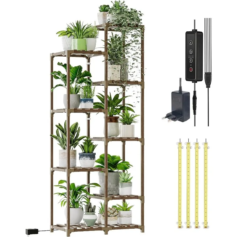 Plant Stand Indoor Grow Light Tall Plant Shelf for Mutiple Pots Large Wood Holder Rack for Patio Living Room Balcony Warm