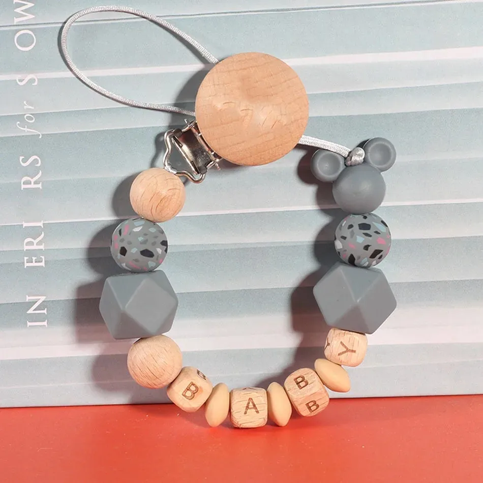 Baby Personalized Name Handmade Silicone Wooden Pacifiers Clip Teething Dummy Holder Anti-Lost Pacifier Chains BPA Free