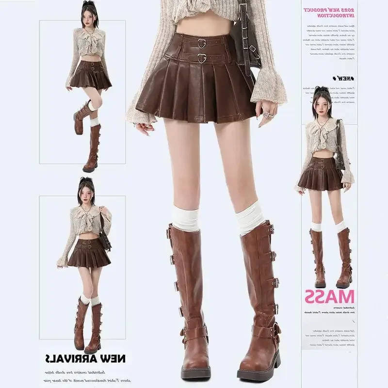XS-3XL Y2K Pu Leather Mini Skirts Women Streetwear High Waist Pleated Skirt Vintage Korean Black Slim Casual A Line Skirts 2