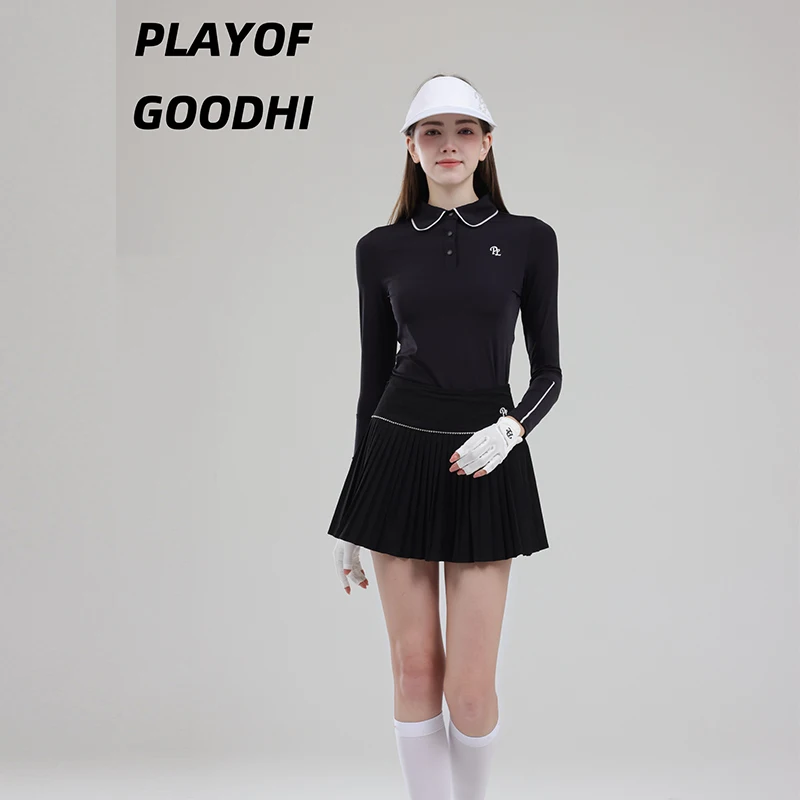 Female Golf Clothing Long Sleeve Golf T-shirt Women Polo Collar Tops High-waist Pleats Skirt Golfer Skorts with Inner Short