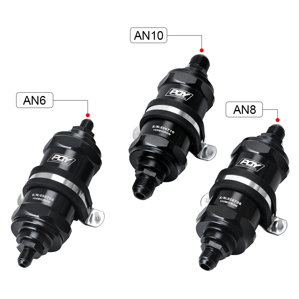 VR-PQY BLACK AN6 / AN8 / AN10 Inline Fuel Filter E85 Ethanol With 100 Micron Stainless steel element and PQY sticker