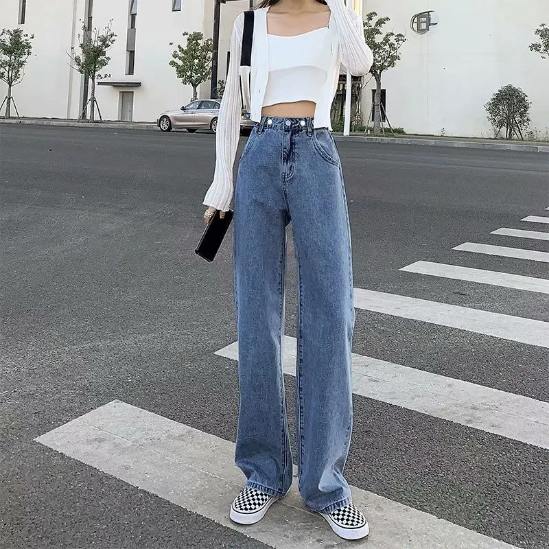 

New Spring and Summer Light Color High Waist Straight Loose Show Thin Drape Mop Jeans for Women