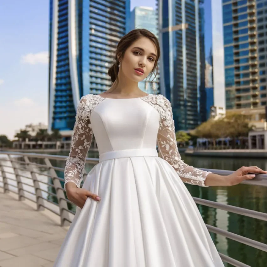 

Othray03 Lace Long Sleeve Satin Bride Dress With Belt Women Elegant Wedding Party Gowns Dubai Modest Wedding Dresses De Novia