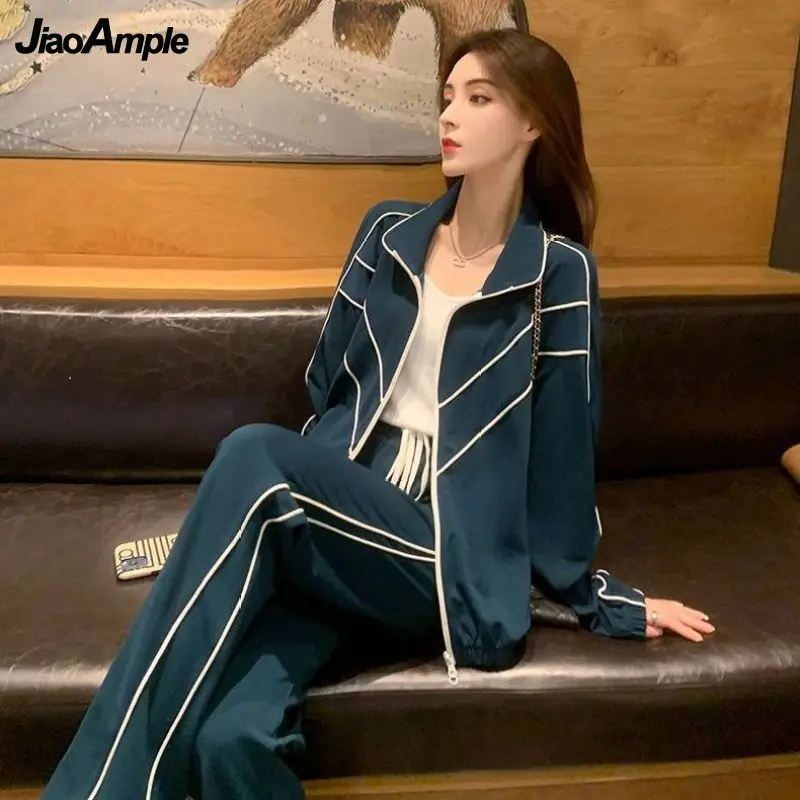 Women's Spring Autumn New Casual Fashion Sportswear Suit Korean Elegant Loose Long Sleeve Coat + Sports Pants Two Piece Set