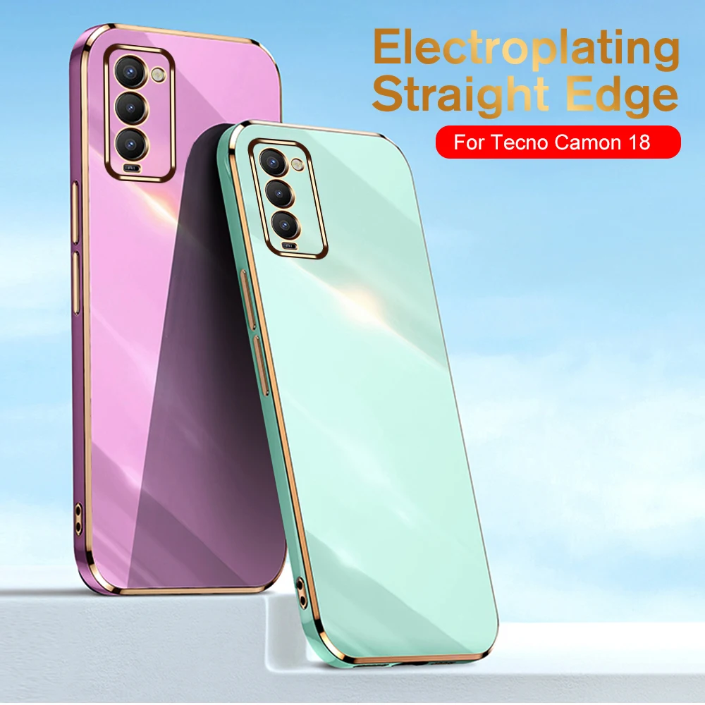 Para Tecno Camon 18 Estojo de Luxo Chapeamento Straight Edge TPU Soft Cover Para Tecno Camon18 Camon 18 18T 18P Câmera À Prova de Choque_voghion.com