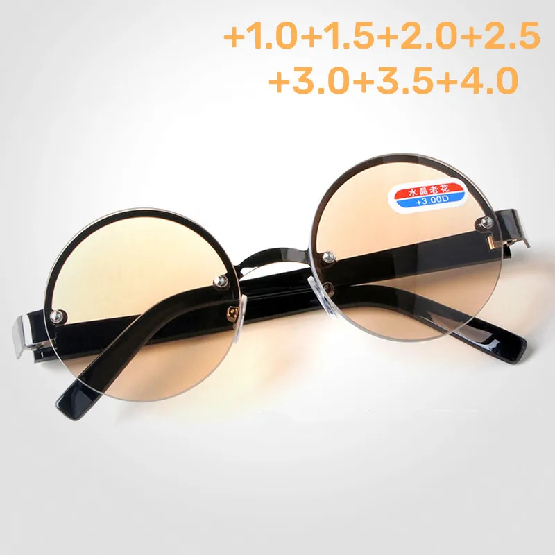 

Retro Round Crystal Presbyopic Glasses Business Style High-definition Reading Glasses New Trend Balck Tea Far Sighted Eyeglasses