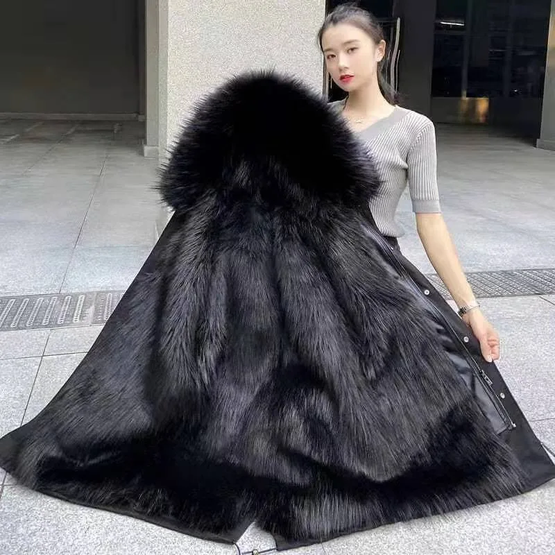 2023 New Women's Detachable Fox Fur Inner Tank Fur Coat Large Medium Length Warm Thickened Parka Fur One Piece Overcoat