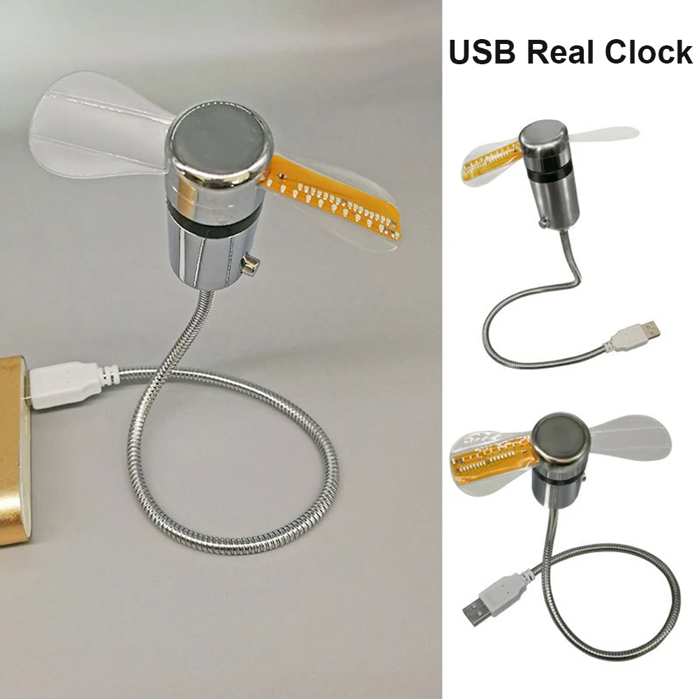 10-1PCS Metal Mini Fan Real Time Display Clock Fan DC 5V Small Night Light USB Powered Mini Cooling Flashing for PC Notebook