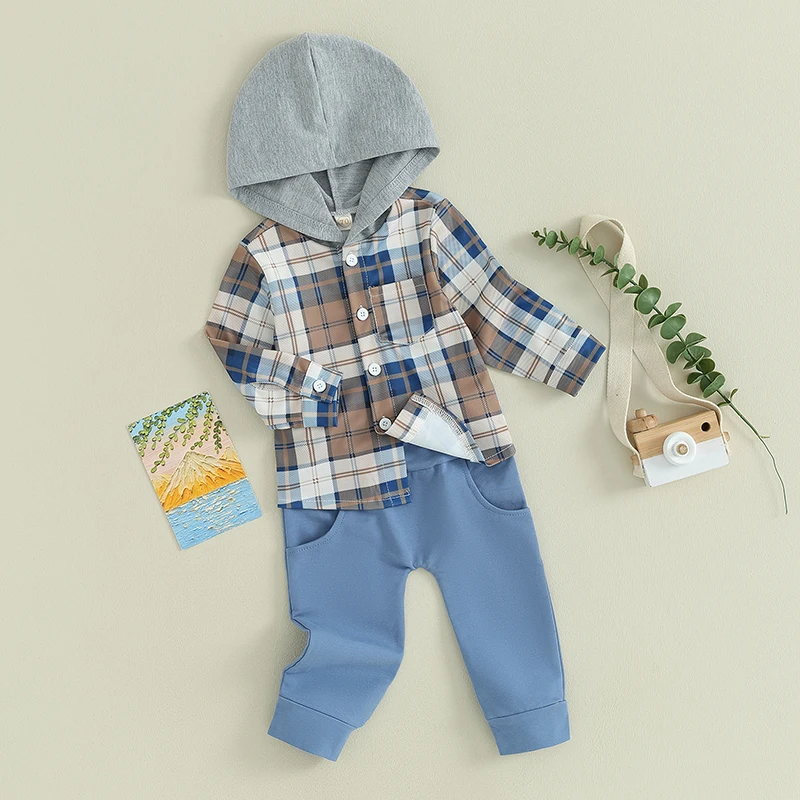 

Toddler Boys Fall Outfits Plaid Buttons Long Sleeve Hoodies Shirts and Solid Color Long Pants 2Pcs Clothes Set