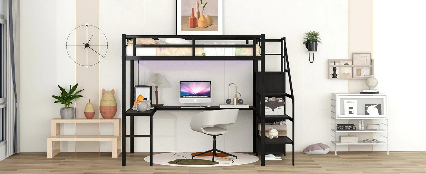 Heavy Duty Loft Bed with Stairs, Wardrobe, Adjustable Shelf and Charging Station