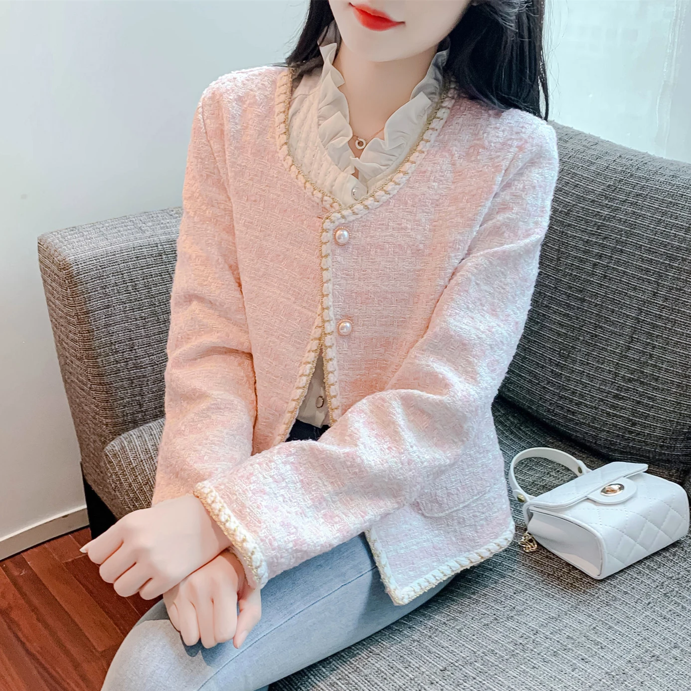 

UNXX 2023 Autumn/Winter New Woolen Chic Style Short Jacket French Thick Tweed Petite Suit Elegant Lady Female Girl High Quality