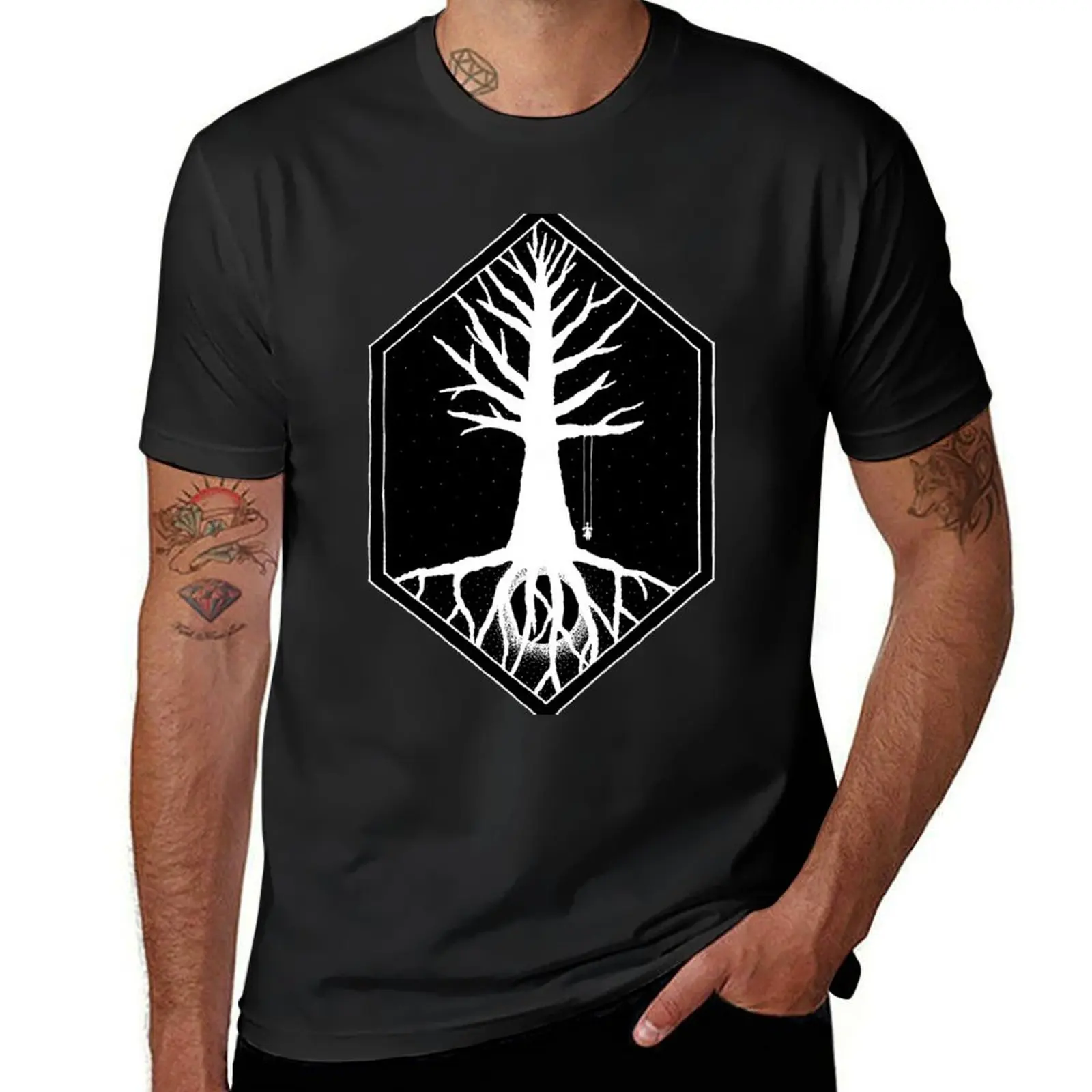 

Up is Down inverted - Geometric frame silhouette tree with dotwork moon underneath T-shirt quick-drying tees mens plain t shirts