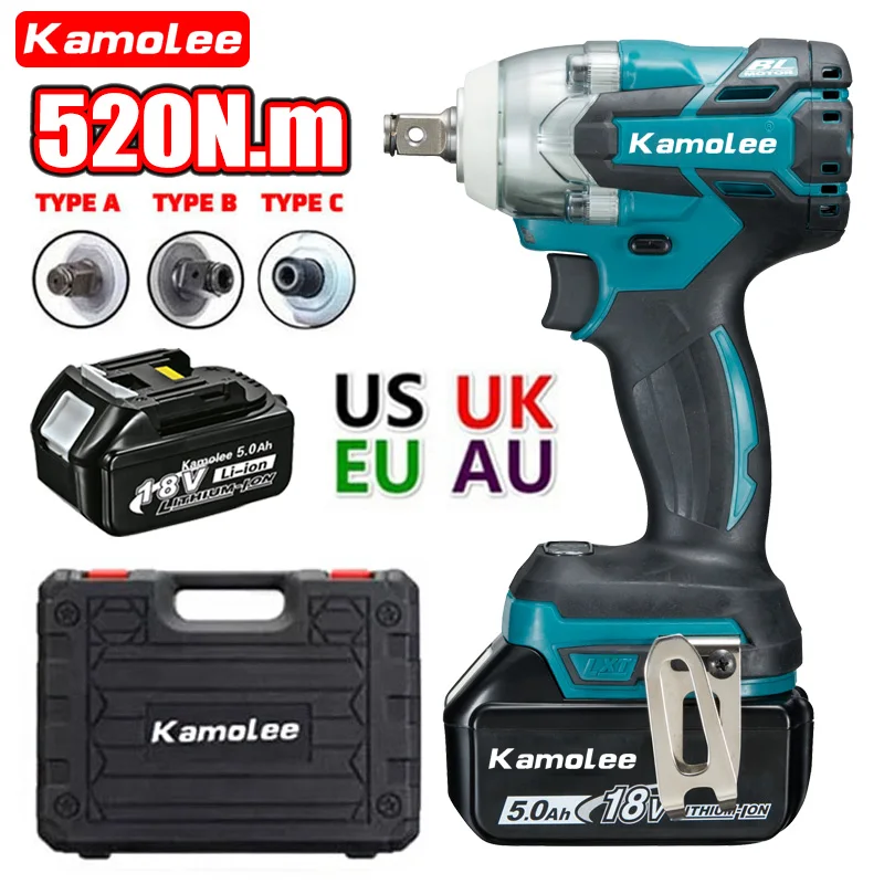 [1x5.0Ah Battery + ToolBox] Kamolee Tool DTW285 2 IN 1 520N.m High Torque Brushless Electric Impact Wrench 1/2 & 1/4 Inch complete tool kit impact drill toolbox combination suit electric drill multifunctional electric screw driver tools accessories