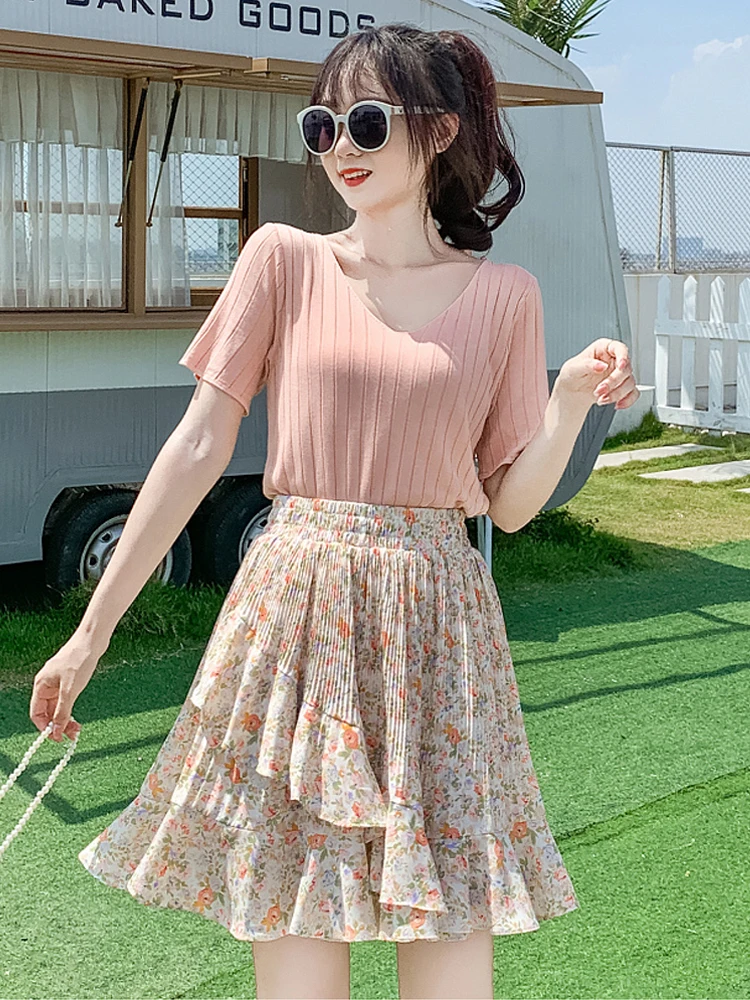 2022 New Vintage Floral Pleated Skirt Women Summer High Waist Chiffon Ruffle Mini Skirts Female