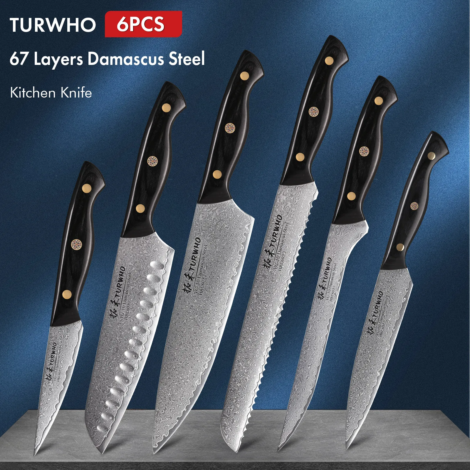 

TURWHO 6-PCS Kitchen Knives Set Japanese 67 Layer Damascus Steel Chef Knife VG10 Core Bread Santoku Boning Utility Paring Knife